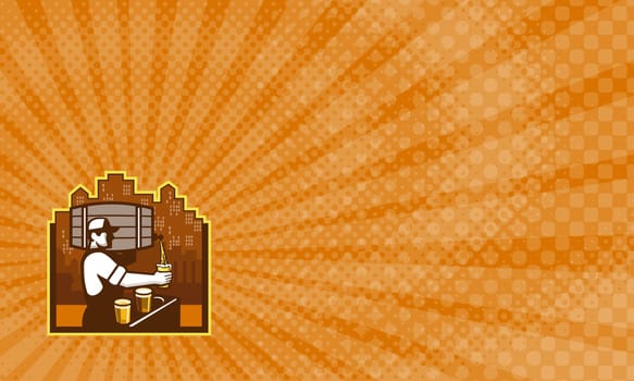 Business Card showing Illustration of bartender carrying keg on shoulder pouring beer from keg viewed from the side with beer glass and cityscape buildings in the background done in retro style. ..