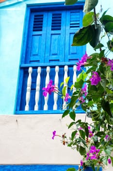 Blue window and purple flowers in Cartagena, Colombia
