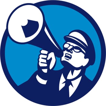 Illustration of a nerd man wearing hat and eye glasses looking up shouting through megaphone set inside circle on isolated background done in retro style.