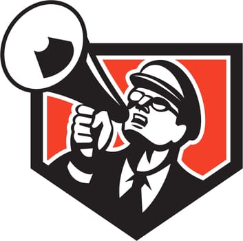 Illustration of a nerd man wearing hat and eye glasses looking up shouting through megaphone set inside shield crest on isolated background done in retro style.