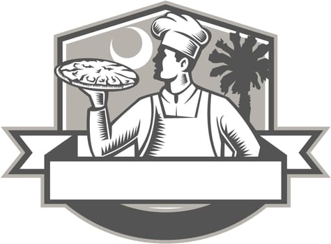 Illustration of a pizza chef baker serving holding pizza looking to the side viewed from front set inside shield crest with moon and palmetto tree in the background done in retro style.