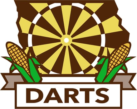 Illustration of a Iowa state map dart board and corn set on isolated white background with the word text Darts done in retro style.