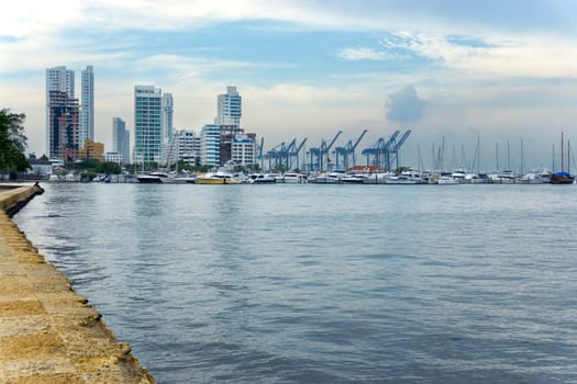 View of yachts and skyscrapers on the waterfront of Cartagena, Colombia