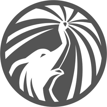 Illustration of an elephant head spraying water from trunk viewed from the side set  inside circle done in retro style.