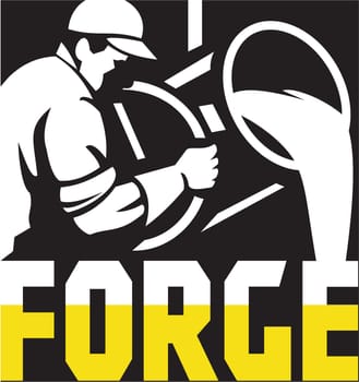 Illustration of a foundry metal worker wearing hat looking down pouring molten metal set inside square shape done in retro style.