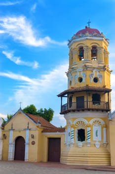 Beautiful tower of the Santa Barbara Church in Mompox, Colombia