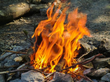 Smoked tourist kettle over camp fire in the evening in forest