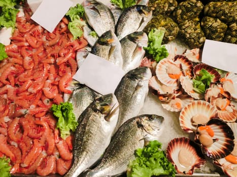 Venetian fish market - dorados and prawns. The Rialto fish market is located alongside the Grand Canal near the Rialto Bridge - Venice, Italy