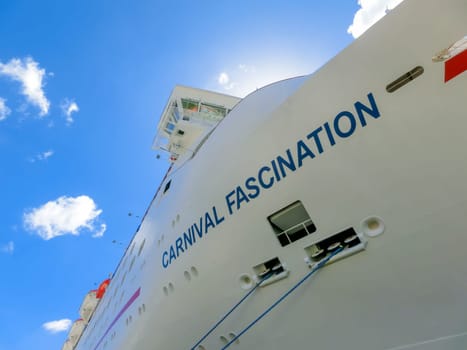 San Juan, Puerto Rico - May 09, 2016: The Carnival Cruise Ship Fascination, at dock. She is one of 8 sister ships and received a million dollar refurbishment in 2006
