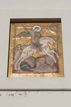 Vityazevo, Russia - March 17, 2016: The icon of St. George at the entrance to the church of St. George in the village of Vityazevo, a suburb of Anapa