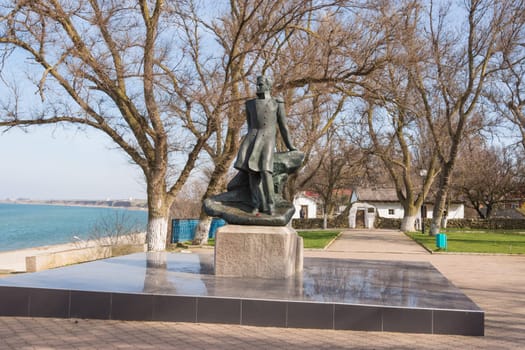 Taman, Russia - March 8, 2016: Mikhail Lermontov Monument in Taman, located on the shore of the Azov Sea in the house-museum in honor of the visit of Lermontov in Taman
