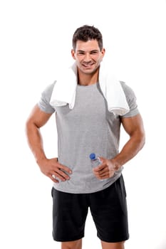Portrait of a athletic man holding a fresh apple, isolated over a white background
