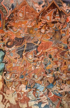 Ancient Buddhist temple mural painting of the life of Buddha in Phatthalung province ,Thailand