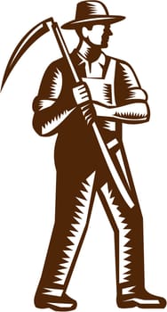 Illustration of an organic farmer farm worker full body wearing hat holding scythe facing side set on isolated white background done in retro woodcut style.