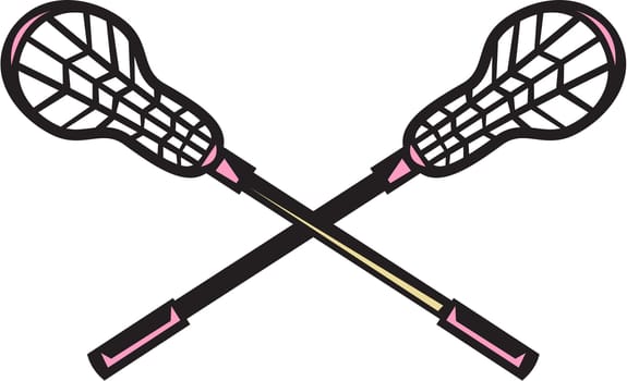 Illustration of a crossed lacrosse stick set on isolated white background done in retro woodcut style. ..
