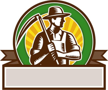 Illustration of an organic farmer farm worker wearing hat holding scythe looking to the side set inside circle and banner with sunburst in the background done in retro woodcut style.