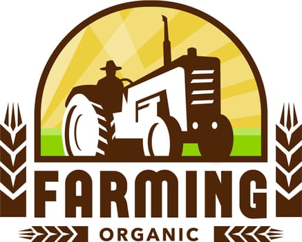 Illustration of a farmer driving vintage tractor viewed from low angle set inside crest with wheat and the words text Farming Organic done in retro style.