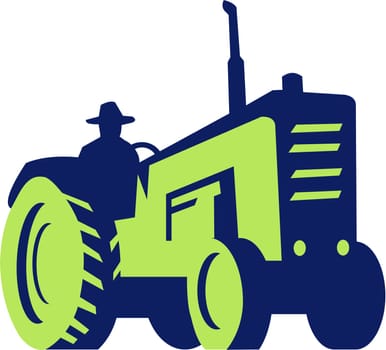 Illustration of an organic farmer wearing hat driving vintage farm tractor viewed from low angle set on isolated white background done in retro style.