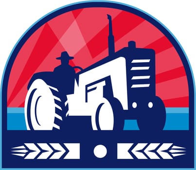 Illustration of a farmer wearing hat driving vintage farm tractor viewed from low angle set inside shield crest with wheat done in retro style.