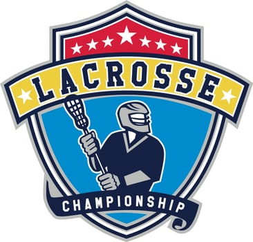 Illustration of a lacrosse player holding a crosse or lacrosse stick looking to the side viewed from front set inside shield crest with ribbon with the words text Lacrosse Championship.