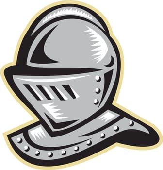 Illustration of a knight armor helmet set on isolated white background done in retro woodcut style.