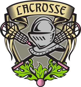 Illustration of a knight armor helmet with crossed lacrosse stick set inside shield crest with word text Lacrosse on top done in retro woodcut style. ..