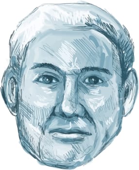 Drawing sketch style illustration of a blue man identikit viewed from front set on isolated white background.
