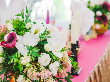 Beautiful dinner wedding table setting, summer outdoor