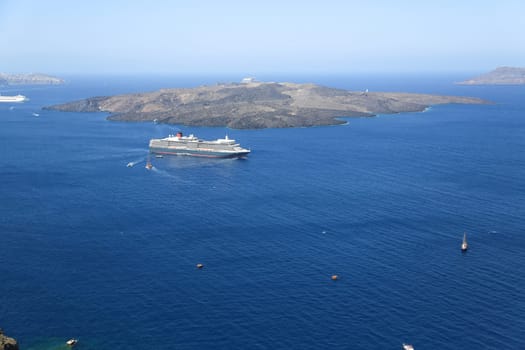 The volcanic island Nea Kameni in Santorini, Greece