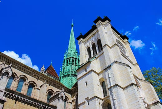 Geneva, Switzerland - June 17, 2016: The St. Pierre Cathedral is a cathedral in Geneva, Switzerland, today belonging to the Reformed Protestant Church of Geneva. Spire of St. Pierre Cathedral