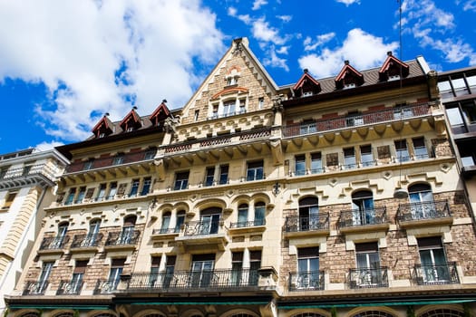 Geneva, Switzerland - June 17, 2016: Building architecture close up in Geneva city, Switzerland
