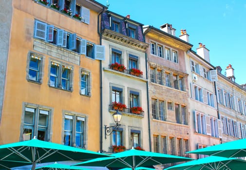 Building architecture close up in Geneva city, Switzerland