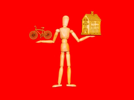 The wooden man with hands up to hold up your banner on brown background