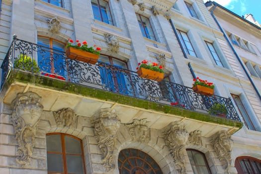 Geneva, Switzerland - June 17, 2016: Building architecture close up in Geneva city, Switzerland