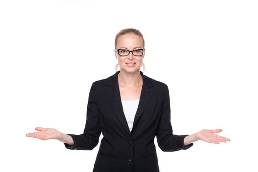 Beautiful young businesswoman smiling, holding open palms with empty copy space. Business woman showing hands sign to sides, concept of advertisement or comparing products. White background.