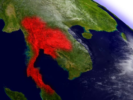 Thailand highlighted in red as seen from Earth's orbit in space. 3D illustration with highly detailed planet surface. Elements of this image furnished by NASA.