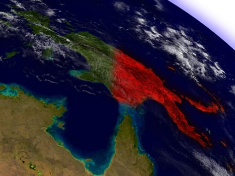 Papua New Guinea highlighted in red as seen from Earth's orbit in space. 3D illustration with highly detailed planet surface. Elements of this image furnished by NASA.