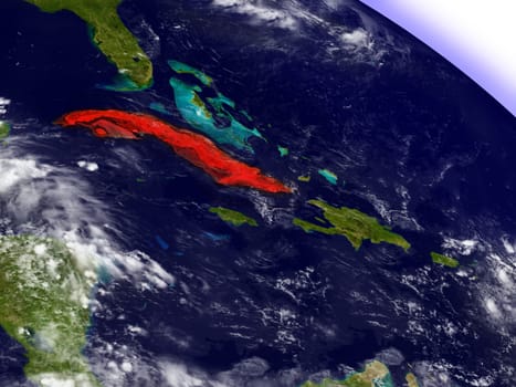Cuba highlighted in red as seen from Earth's orbit in space. 3D illustration with highly detailed planet surface. Elements of this image furnished by NASA.