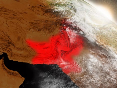Pakistan highlighted in red as seen from Earth's orbit in space. 3D illustration with highly detailed planet surface. Elements of this image furnished by NASA.