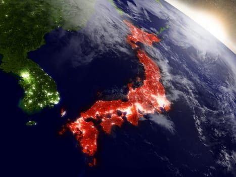 Japan highlighted in red as seen from Earth's orbit in space. 3D illustration with highly detailed planet surface. Elements of this image furnished by NASA.