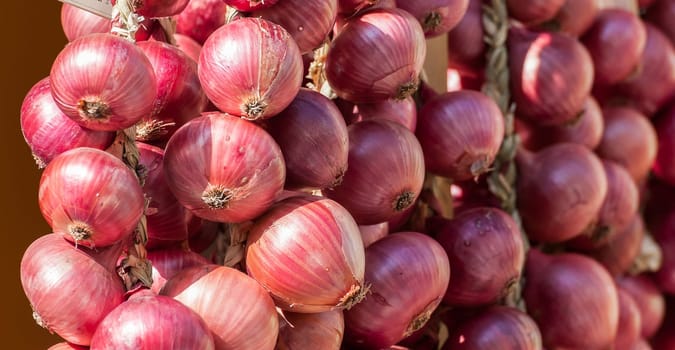 Red onion braids sold in Italy in the Farmer's Market. Onion background