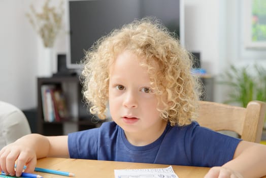 a portrait of a little boy with blond curly hair