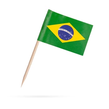 Miniature paper flag Brasil. Isolated Brasilien flag pointer on white background. With shadow below