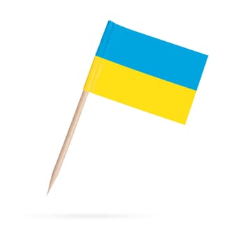 Miniature paper flag Ukraine. Isolated mini Ukrainian flag pointer on white background. With shadow below