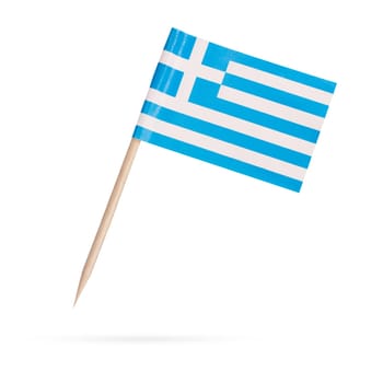 Miniature paper flag Greece. Isolated Greek flag pointer on white background. With shadow below