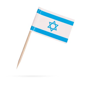 Miniature paper flag Israel. Isolated Israelian flag pointer on white background. With shadow below