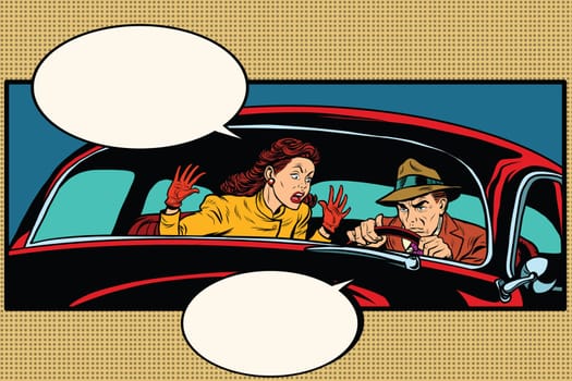 Husband and wife quarrel in the car, pop art retro vector illustration. family conflict