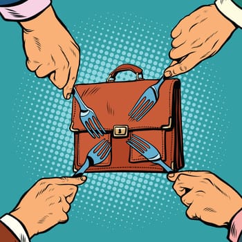business competition concept, pop art retro vector illustration. Hands with fork and reach for the briefcase