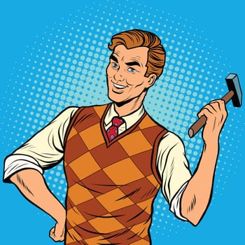 Smiling man with a hammer, home repairs, pop art retro vector illustration