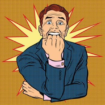 retro man in horror bites fist, pop art vector illustration. The stress and emotions of a businessman